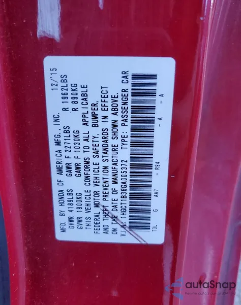 2016 Honda Accord Lx-S z USA, uszkodzony, nr VIN 1HGCT1B36GA005372